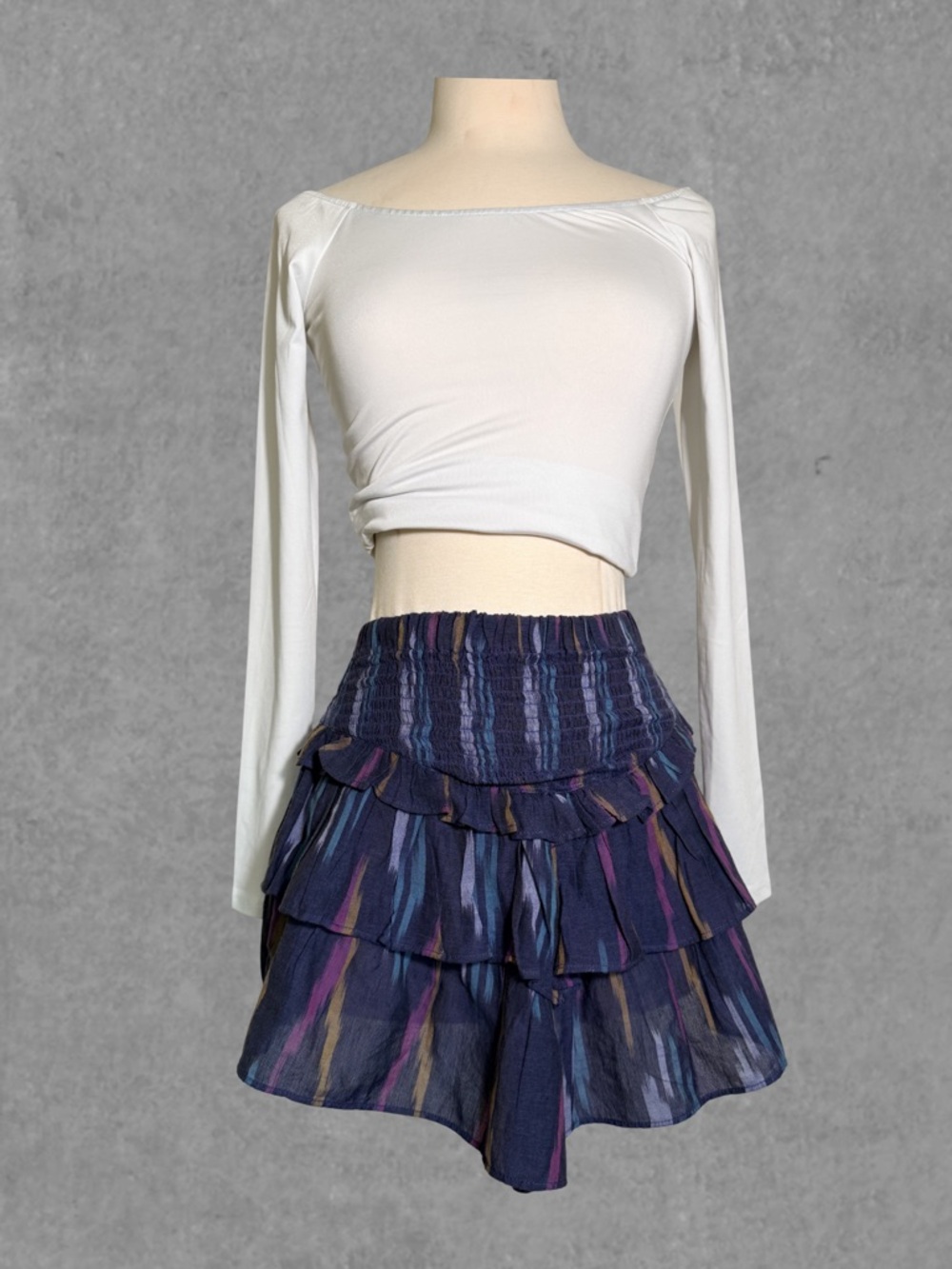 MOTHER Navy Ruffle Mini Skirt with Teal, Pink and Gold Streaks (S)